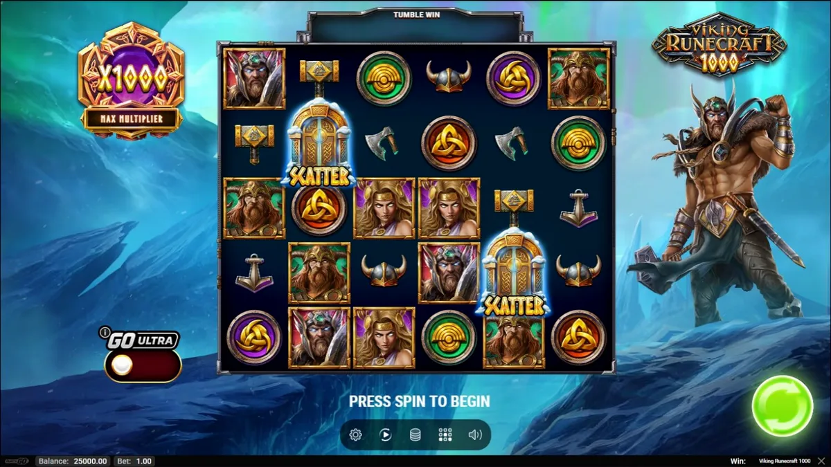 Interface do jogo Viking Runecraft 1000 com símbolos nórdicos e grade de cascata